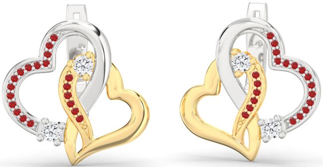Ruby Gold Silver Heart Interlock Stud Earrings