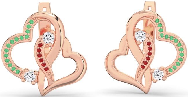 Emerald & Ruby Rose Gold Heart Interlock Stud Earrings