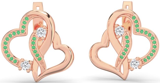 Emerald Rose Gold Heart Interlock Stud Earrings