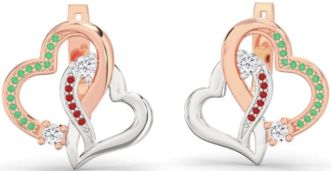 Emerald & Ruby Rose Gold Silver Heart Interlock Stud Earrings
