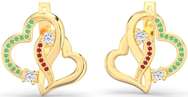 Emerald & Ruby Gold Heart Interlock Stud Earrings