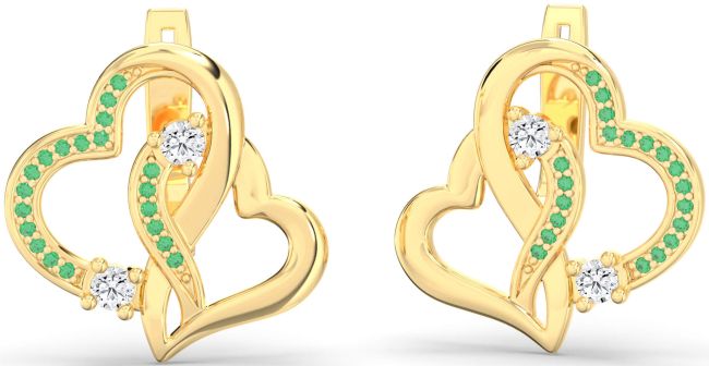 Emerald Gold Silver Heart Interlock Stud Earrings