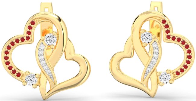 Diamond & Ruby Gold Heart Interlock Stud Earrings