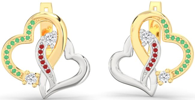 Emerald & Ruby Gold Silver Heart Interlock Stud Earrings