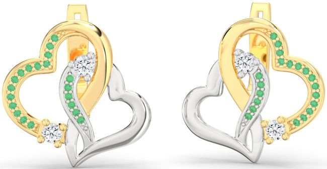 Emerald Gold Silver Heart Interlock Stud Earrings