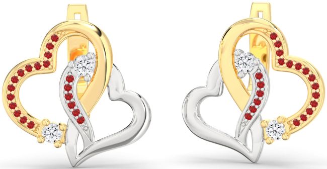 Ruby Gold Silver Heart Interlock Stud Earrings