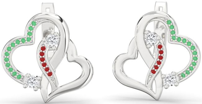 Emerald & Ruby Platinum Heart Interlock Stud Earrings