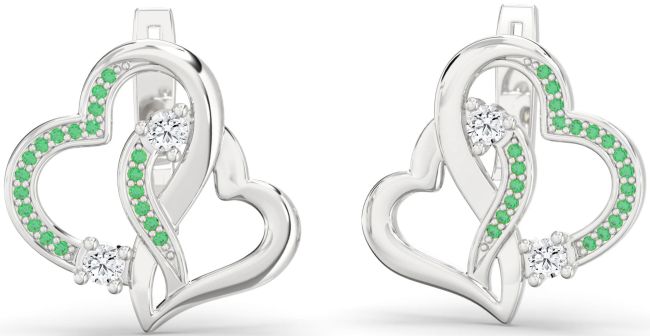 Emerald Platinum Heart Interlock Stud Earrings