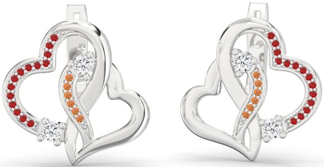 Ruby & Citrine Silver Heart Interlock Stud Earrings
