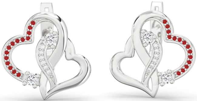 Diamond & Ruby Platinum Heart Interlock Stud Earrings