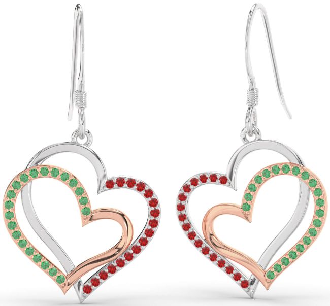 Emerald & Ruby Rose Gold Silver Heart Dangle Earrings