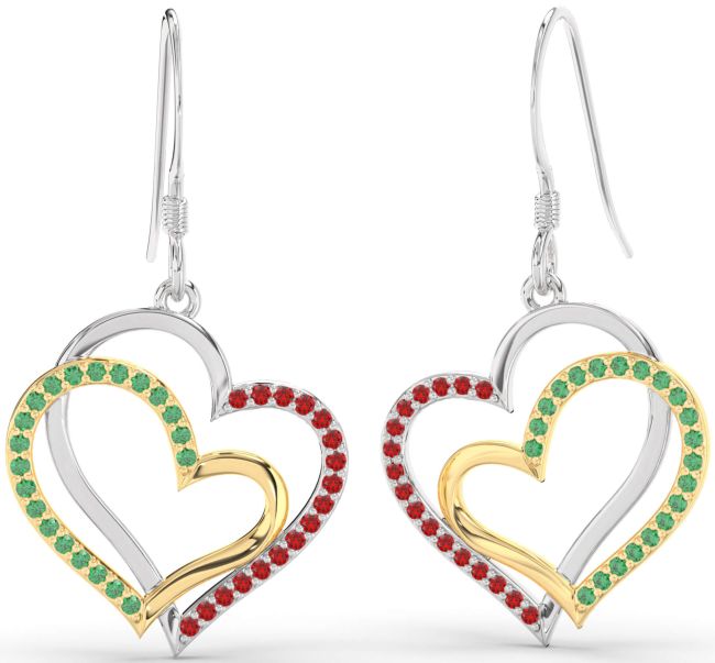 Emerald & Ruby Gold Silver Heart Dangle Earrings