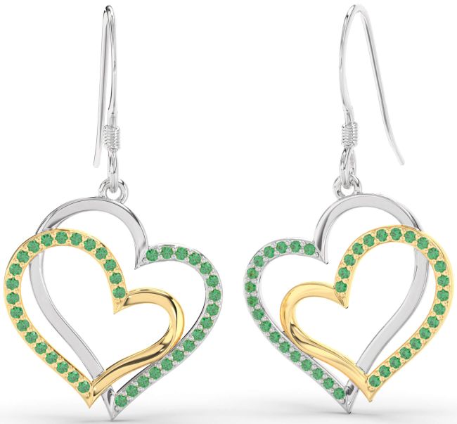 Emerald Gold Silver Heart Dangle Earrings