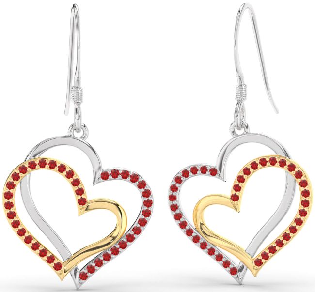 Ruby Gold Silver Heart Dangle Earrings