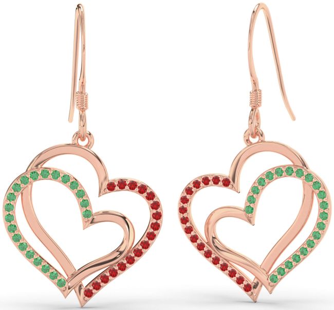 Emerald & Ruby Rose Gold Heart Dangle Earrings
