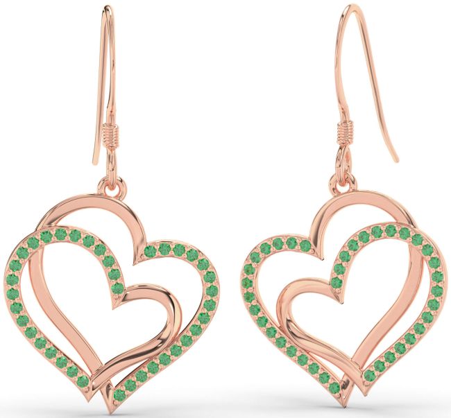 Emerald Rose Gold Heart Dangle Earrings