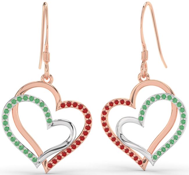 Emerald & Ruby Rose Gold Silver Heart Dangle Earrings