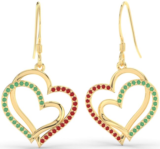 Emerald & Ruby Gold Silver Heart Dangle Earrings