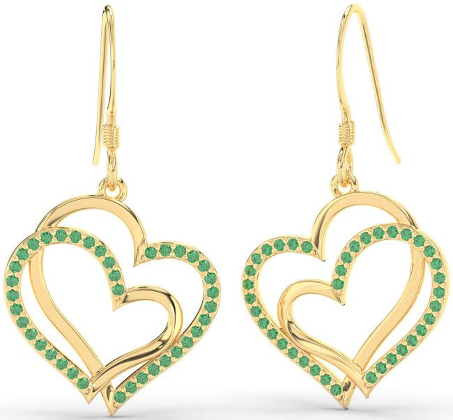Emerald Gold Silver Heart Dangle Earrings