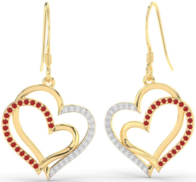 Diamond & Ruby Gold Heart Dangle Earrings