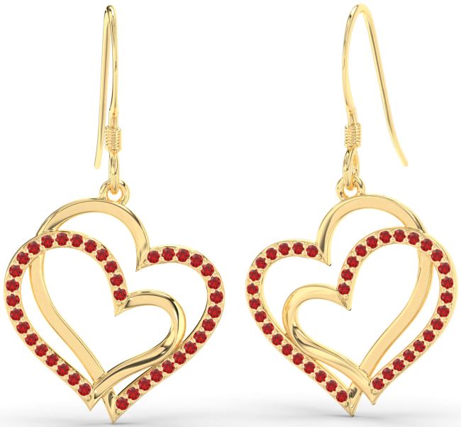 Ruby Gold Heart Dangle Earrings