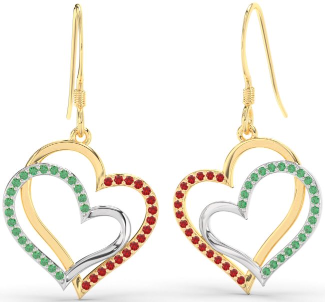 Emerald & Ruby Gold Silver Heart Dangle Earrings