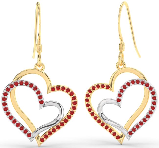 Ruby Gold Silver Heart Dangle Earrings