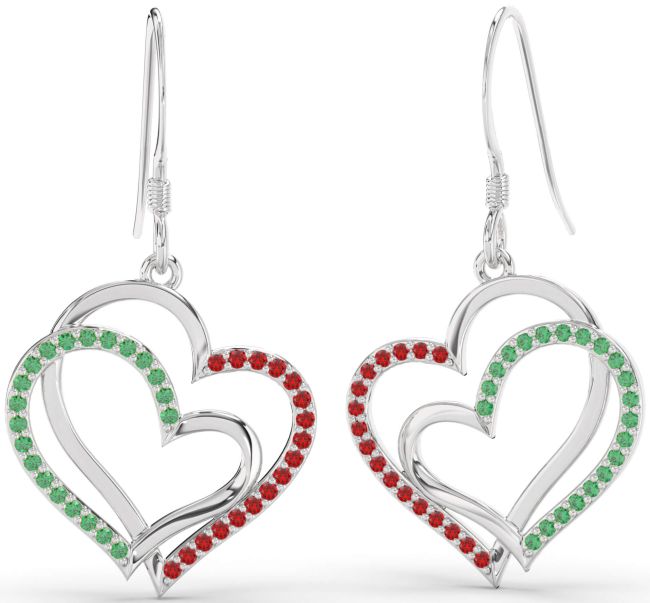 Emerald & Ruby Platinum Heart Dangle Earrings
