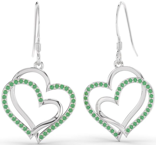 Emerald Platinum Heart Dangle Earrings