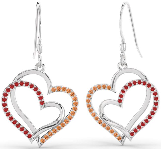 Ruby & Citrine Silver Heart Dangle Earrings