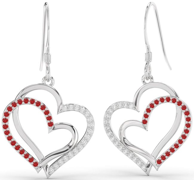 Diamond & Ruby Platinum Heart Dangle Earrings