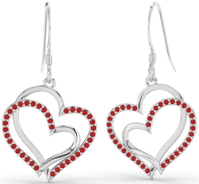Ruby Platinum Heart Dangle Earrings