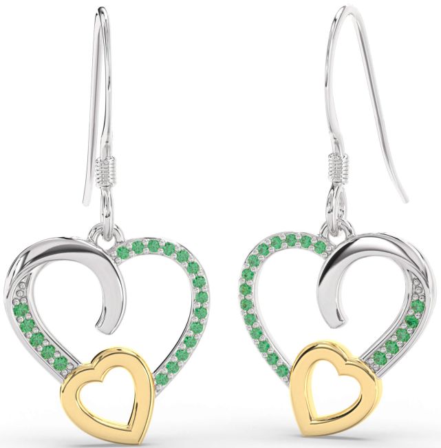 Emerald Gold Silver Heart Dangle Earrings
