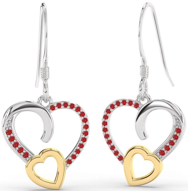 Ruby Gold Silver Heart Dangle Earrings