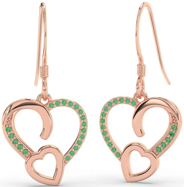 Emerald Rose Gold Heart Dangle Earrings