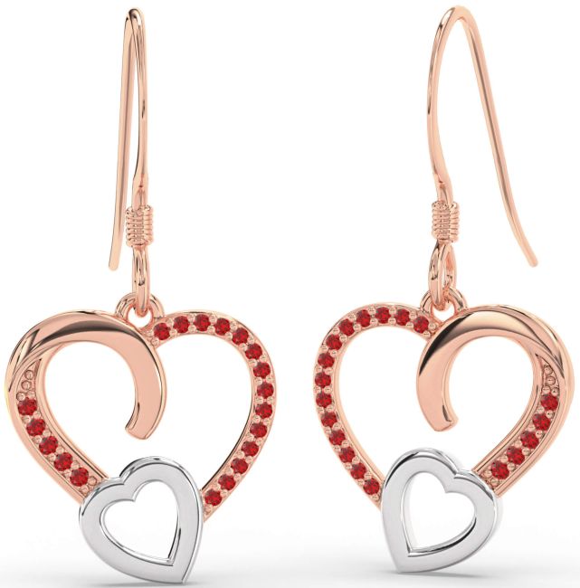 Ruby White Rose Gold Heart Dangle Earrings