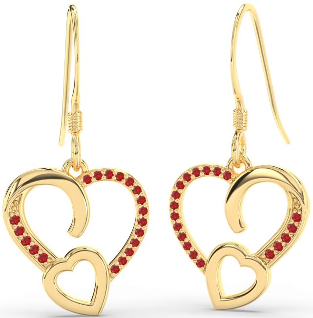 Ruby Gold Heart Dangle Earrings