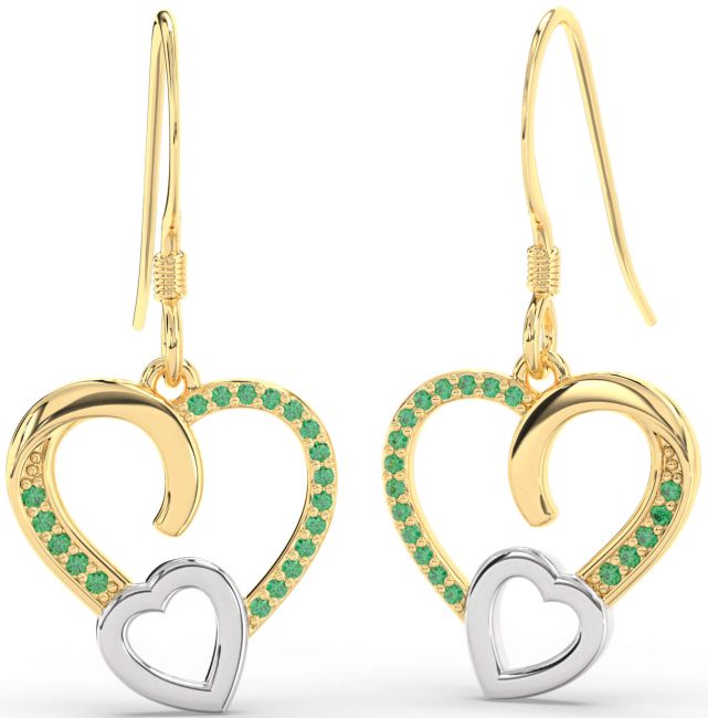 Emerald Gold Silver Heart Dangle Earrings