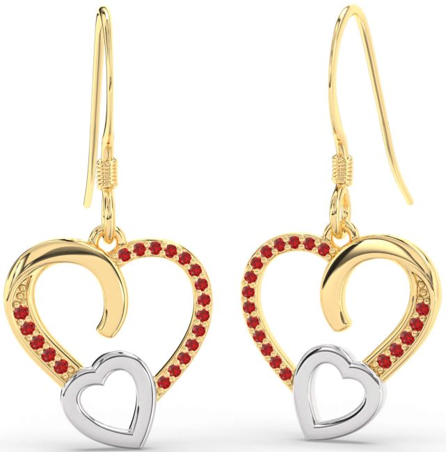 Ruby Gold Silver Heart Dangle Earrings