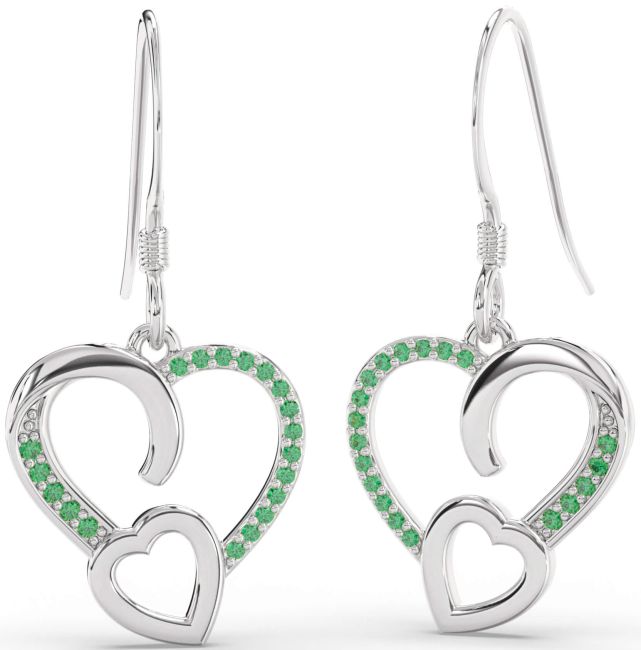 Emerald Platinum Heart Dangle Earrings