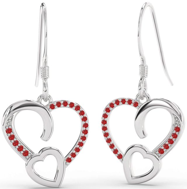 Ruby Platinum Heart Dangle Earrings