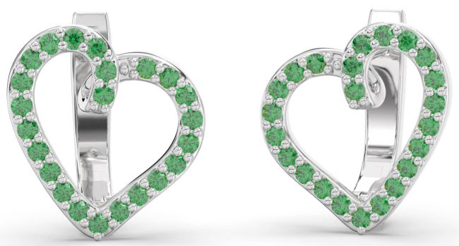 Emerald Platinum Heart Stud Earrings