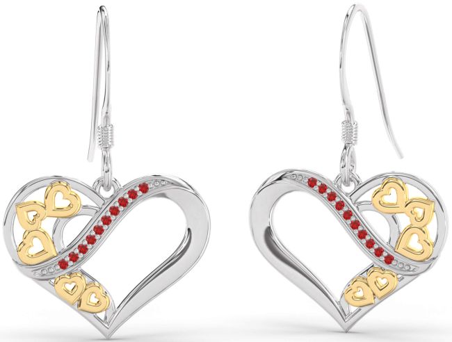 Ruby Gold Silver Heart Dangle Earrings