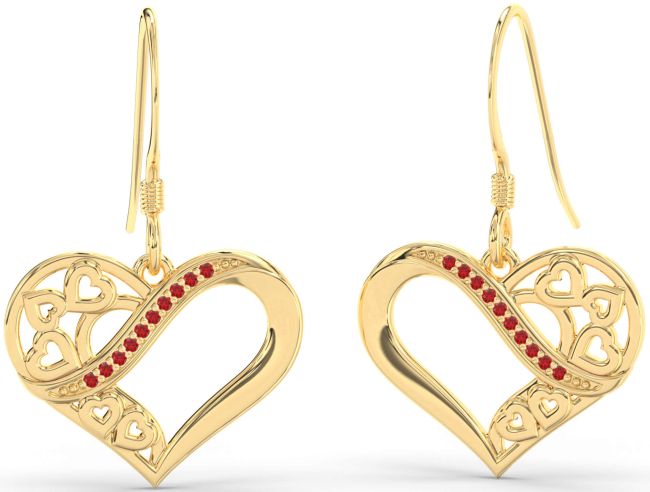 Ruby Gold Silver Heart Dangle Earrings