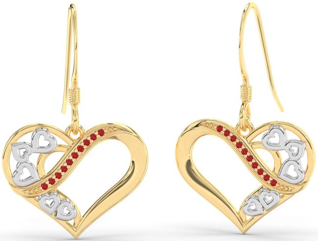 Ruby Gold Silver Heart Dangle Earrings