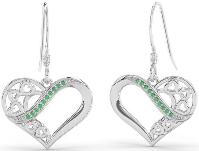Emerald Platinum Heart Dangle Earrings