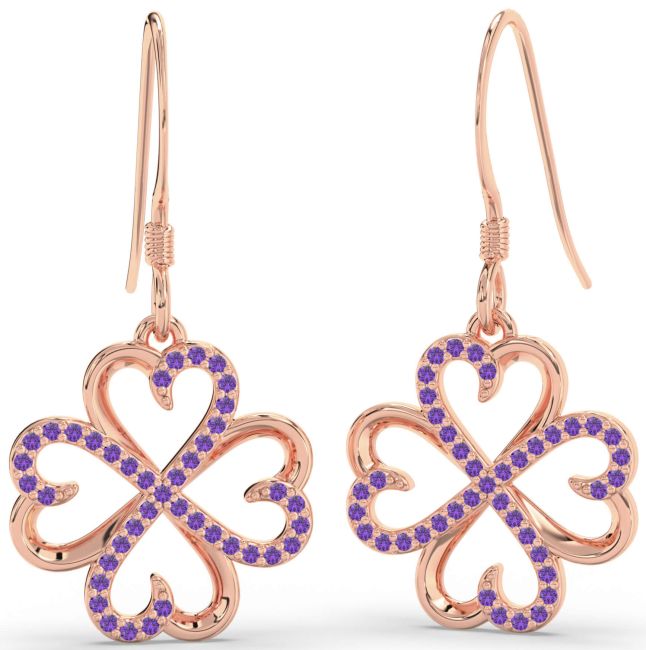 Amethyst Rose Gold Clover Dangle Earrings
