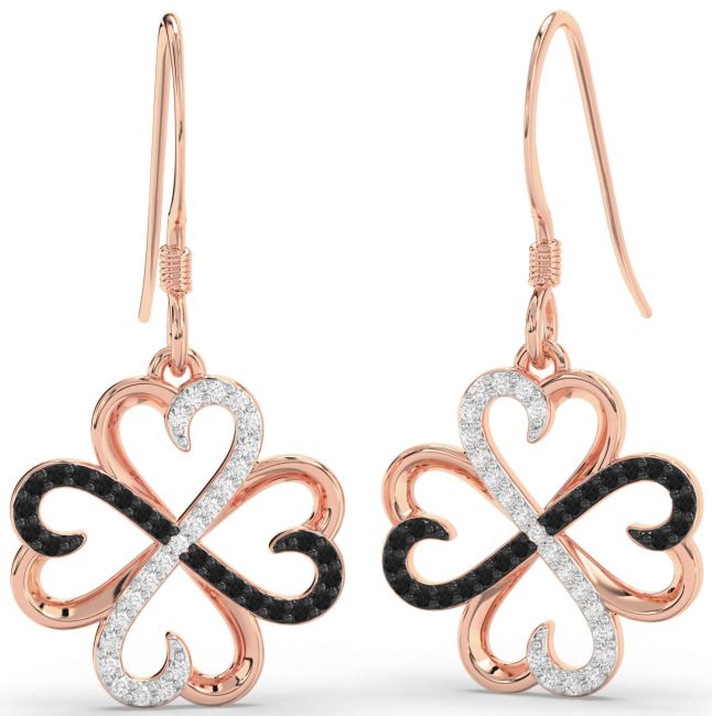 Black Diamond Rose Gold Clover Dangle Earrings