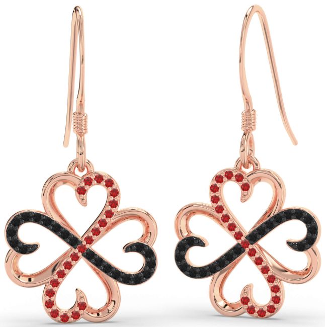 Black Diamond & Ruby Rose Gold Silver Clover Dangle Earrings