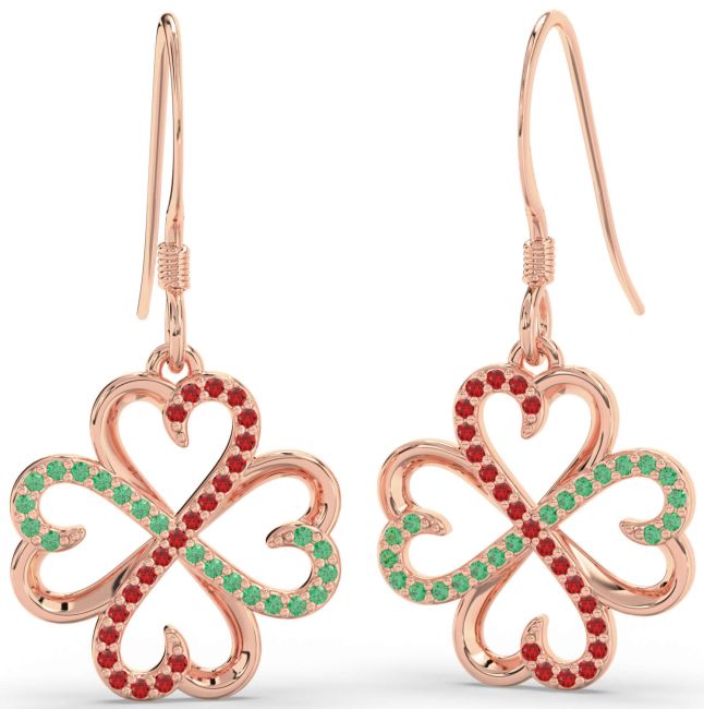 Emerald & Ruby Rose Gold Clover Dangle Earrings